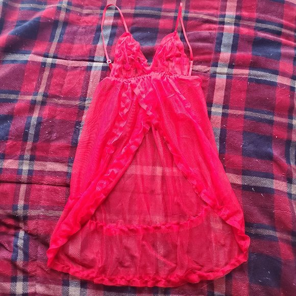 Red sheer babydoll lingerie sleepwear dress with open front slit OS - Picture 2 of 9
